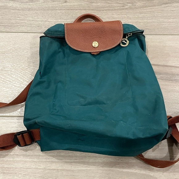 Longchamp Backpack Le Pliage Sac A Dos Nylon Leather Travel Bag Pack Green FLAW - Picture 1 of 10